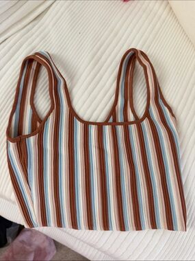 Princess Polly Ribbed Striped Crop Tank in Brown, Light Blue & Cream